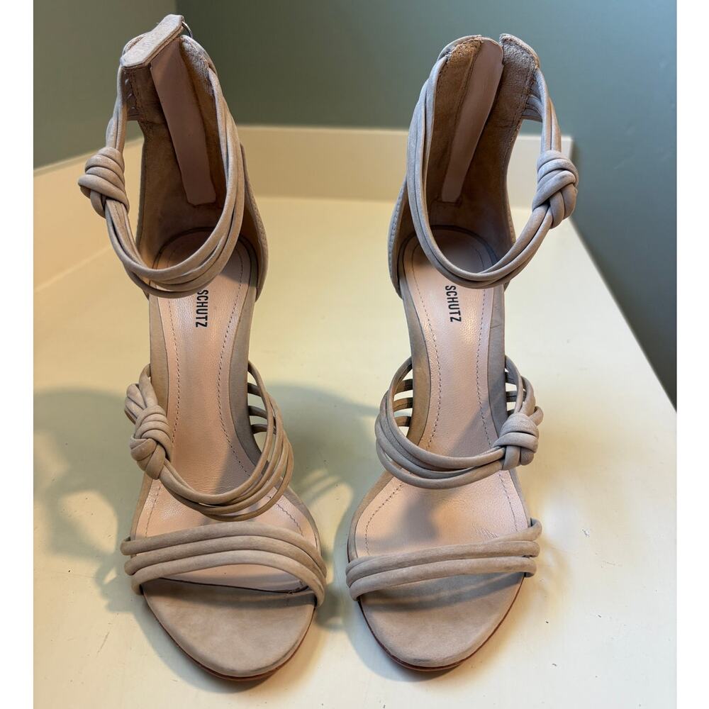Schutz Suely Nubuck Strappy Knot Tan Heels 6